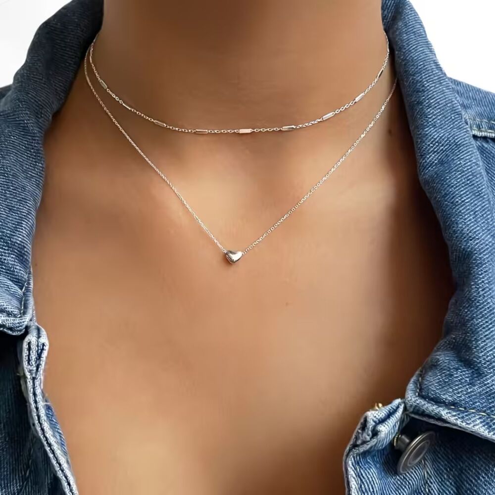 Double Layer Silver Necklace Heart Pendant Charm Stainless Steel Chain Choker